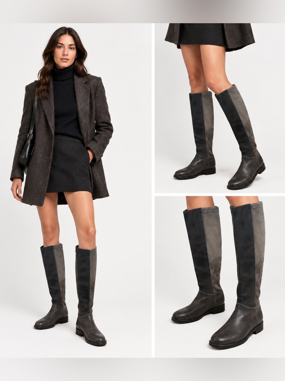 Cole Haan Adler Leather Suede Patchwork Tall Riding Boots Adjustable Gray 7.5